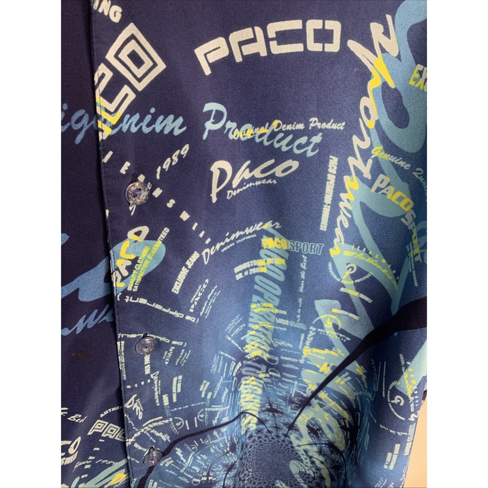 Vintage Paco Jeans Co Short Sleeve Shirt Size‎ Y2K Blue Button Graphic Collar - Picture 4 of 6